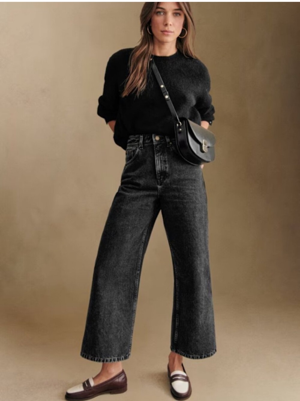 Sezane Jeans Le Crop Flare Wide Leg in Middle Grey Washed Black